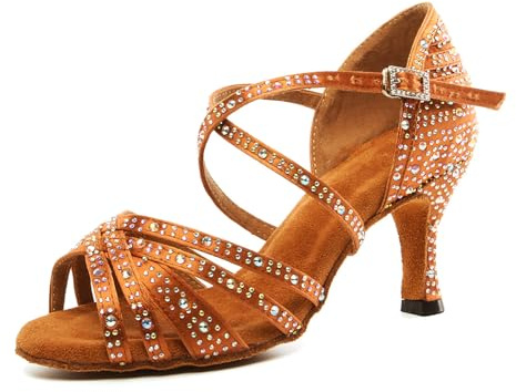 SWDZM Zapatos de Baile Mujer Salsa y Bachata Latino para Mujer Punta Abierta Practice Tango Zapatos Brillantes,Marrón,EU 40