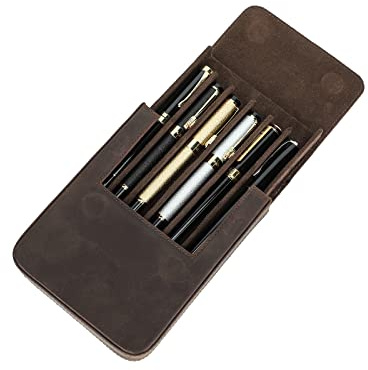 Hiram Leder-Füllhalterbox für 6 Stifte, Tragbares Lederetui für Füllfederhalter mit Verstecktem Magnetischem Schnappverschluss und Stifthalter Ablage Design (Kaffee)