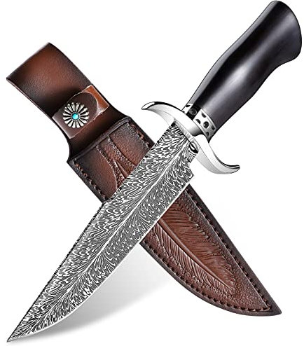 Japaknives Outdoor Messer, Jagdmesser mit Ebenholz Griff und Federmuster, D2 Stahl Feststehende Klinge Survival Messer mit Holster Gürtelmesser Für Camping, Angeln,Trekking, Bushcraft