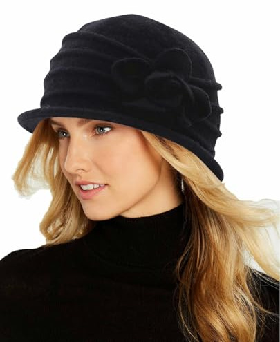 Cappello da Donna Vintage Anni '20 a Tesa rovesciata in Misto Lana Cloche Cappello da Chiesa Invernale in Feltro a Bombetta Pieghevole schiacciabile, Nero, M