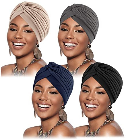 DRESHOW 4 Stücke Afrikanischen Turban für Damen Soft Vorgebunden Knot Mode Plissee Turban Hut Mütze Kopfwickel Schlafmütze