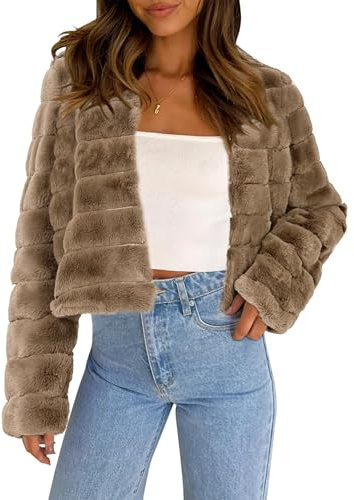 Allegra K Damen Kunstpelzmantel Langarm Cropped Flauschige Jacke Kragenlos Casual Winter Warm Outwear, Khaki, M