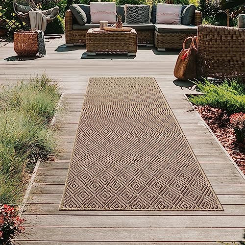 Teppich-Traum In- und Outdoor-Teppich Läufer lang Rautenmuster robust modern Terrasse Balkon Garten wetterfest Jute-Look 80 x 250 cm
