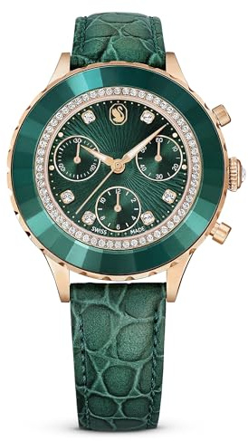 Swarovski Octea Chrono Watch, Green Swiss-Made Chronograph Wristwatch with Rose Gold-Tone Finish and Leather Strap, Part of the Swarovski Octea Chrono Collection