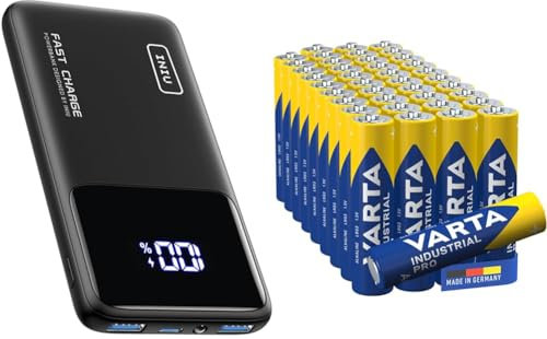 INIU Power Bank & VARTA Batterien AAA, 40 Stück, Industrial Pro, Alkaline Batterie, 1,5V, Vorratspack in umweltschonender Verpackung, Made in Germany [Exklusiv bei Amazon]