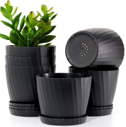 MUAEEOK 18CM 6 Pack Plant Pots Indoor Plastic Planters with Drainage Holes and Saucers for Indoor Outdoor House Plants and Flowers Modern Decorative Planter Pot for All House Plants (Black)