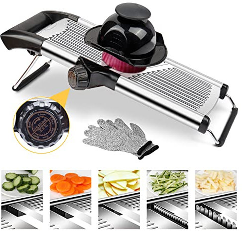 Mandoline Vegetable Slicer, Adjustable Stainless Steel Blades with Safety Glove & Food Holder, Kitchen Gadget for Fast Slicing, Julienne,Dishwasher Safe Design for Home Cooks