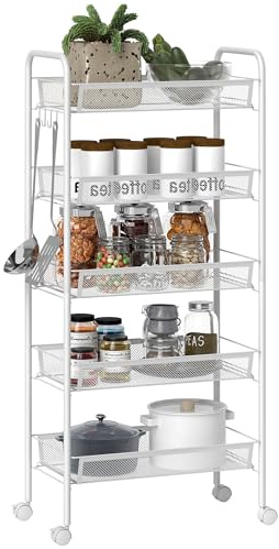 HOMCOM 5 Tier Utility Rolling Cart with Removable Mesh Baskets in White | Metal Storage, Kitchen Cart, 5 Tier Trolley on Wheels, Living Room Laundry Garage Bathroom