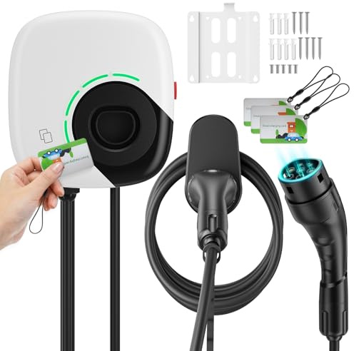Evjuicion Wallbox 7kW + 7kW Tipo 2 Monofásico 32A Cargador Coche Electrico con Dos Cable Carga Coche Electrico Rápida, Estación de Vehículo Eléctrico para Cargar Dos Vehículos Simultáneamente(4 RFID)