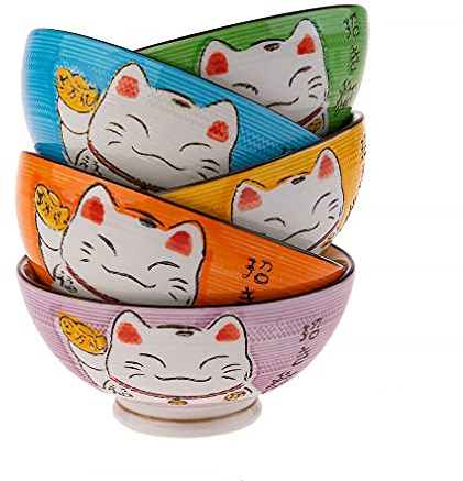 lachineuse - Coffret Bols Japonais Design Maneki Neko - 5 Bols à Riz Traditionnels Ø 11,5 cm - 275 ML - Chat Nippon Porte-Bonheur - Déco Japonaise - Idée Cadeau