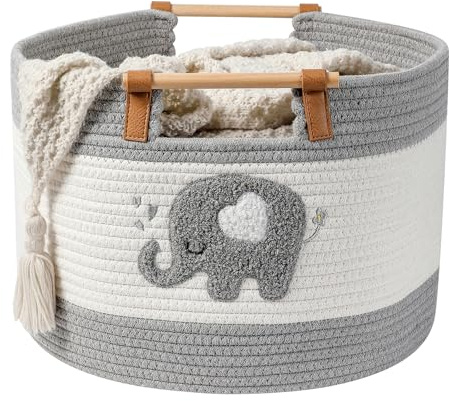 Grande Cesto Coperta 35L Cesto in Corda di Cotone con Manici in Legno Cesti Intrecciati per Giocattoli di Peluche dei Bambini, Contenitore per Pannolini, Contenitore Vestiti Neonati