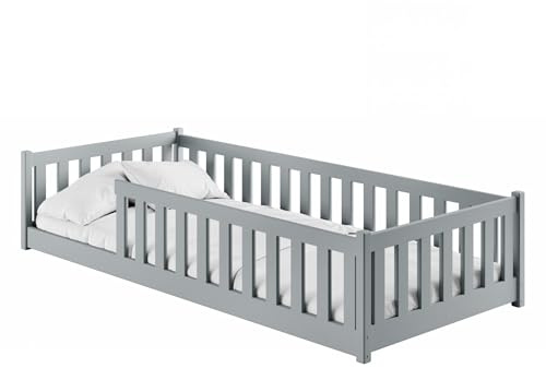 Kids Collective Kinderbett Bodenbett 90x190 cm mit Rausfallschutz, Matratze & Lattenrost Montessori Bett Bed Gitterbett Kinder Jugendbett Einzelbett | Aschgrau | von 4. bis 18. Lebensjahr