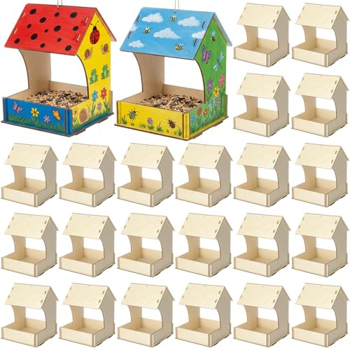 DoubleFill 24 Pack Wooden Bird Feeder Kits, DIY Bird House Kits, Build and Paint Craft for Adults, Unfinished Birdhouse Wood Craft for Educational Fun Art Outdoor Activities Gifts