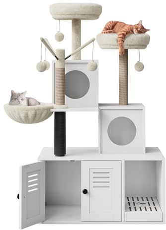 Mueble Arenero para Gatos con Rascador y Cueva – Mueble De Madera Oculto con Rascador De Sisal, Zona De Descanso Suave y Juegos Multinivel para Gatos