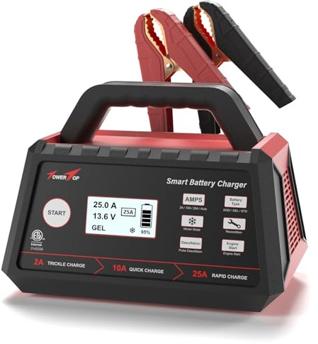 TowerTop 2/10/25 Amp 12V Smart Car Battery Charger, Fully Automatic Battery Maintainer with Engine Start, Auto Desulfator, Battery Repair, Winter Mode, for AGM, STD, Gel, Deep Cycle Batteries