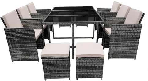 Panana 10 Seater Rattan Garden Dining Set with Large Table, 6 Chairs & 4 Stools, Space Saving Outdoor Furniture for Patio, Conservatory & Garden (Mixed Grey Rattan with Beige Cushions)