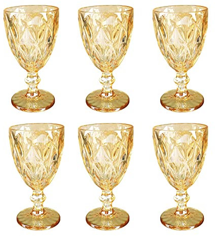 Juego de 6 copas de vino de colores vintage con relieve (rombo/albaricoque brillante/250 ml), copas de boda, copas de champán, jarra, cuenco de postre, copas de cristal, copas de vino, copas de agua,
