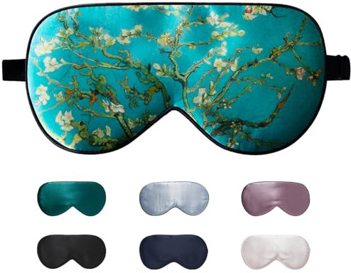 LaCourse 100% Natural Mulberry Silk Eye Mask for Sleeping with a Travel Pouch, Both Sides 19 Momme Organic Silk, Adjustable Sleep Eye Mask for Women, Green-Floral