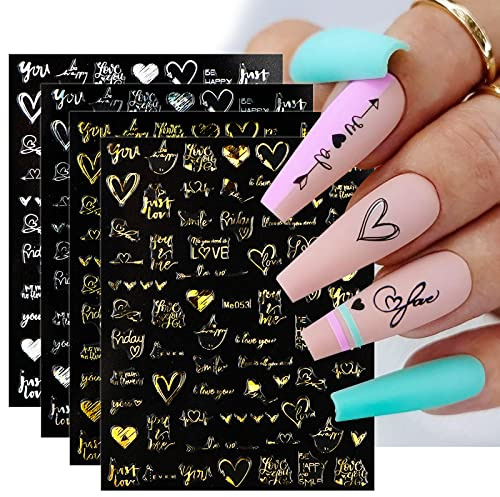 JMEOWIO Valentinstag Nagelsticker Decals, 6 Blatt Selbstklebende Nagelabziehbilder Gold Schwarz Liebe Herz DIY Design Nageldeko für Frauen Mädchen