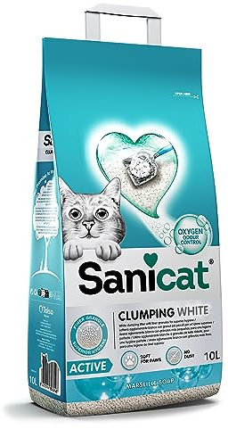 Sanicat - Litière pour Chats Ultra-agglomérante Blanche - Parfum de Savon de Marseille, Fabriquée à partir de minéraux naturels avec contrôle d'odeur Garanti, Capacité de 10 L