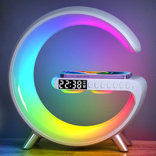 NOURTEC Lampe d’Ambiance 3-en-1,Réveil Lumineux,Haut-Parleur Bluetooth,Chargeur Sans Fil & Lumière LED 16M Couleurs Contrôlable par App,déale Chambre,Salon,Bureau,Cadeau de Noël Homme/Femme/Enfant