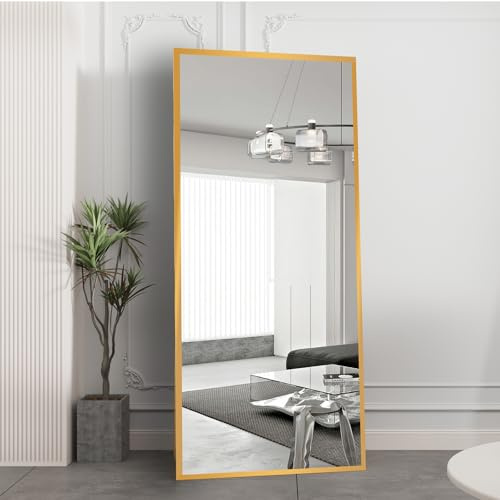 AUFHELLEN Ganzkörperspiegel Standspiegel 180x80cm mit Golden Metallrahmen Bodenspiegel HD Spiegel Groß Wandspiegel mit Haken für Wohn-, Schlaf- und Ankleidezimmer