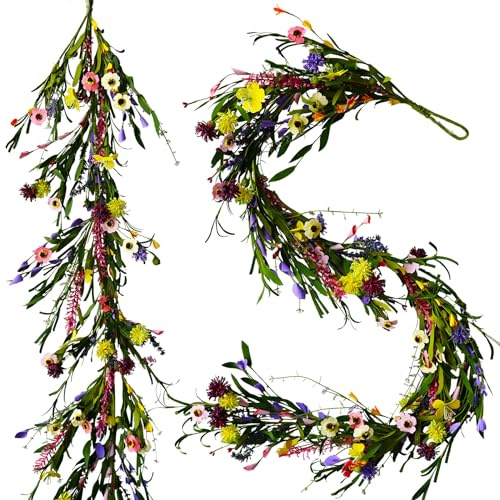 LVLFOR 2PCS Artificial Wildflower Garland, 6FT Faux Flower Hanging Vine, Purple Flowers Ivy, Spring Summer Garland with Eucalyptus Lavender Vine for Sign Board Party Home Decor