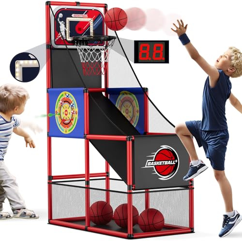 HYES 3 in 1 Basketball Arcade Gioco con 2 Freccette/Tabellone elettronico/Luce LED, Singolo Tiro Canestro Basket da Camera per Bambini Indoor Outdoor, Giocattoli per Ragazzi Ragazze Età 3-12 Anni