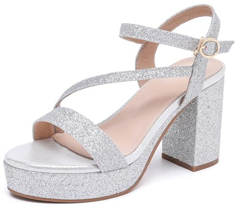 DADAWEN Femmes Plate-Forme Chunky Bride de Cheville Sandales à Talons Sexy Dress Chaussures 8.5 CM Heels Argent 41