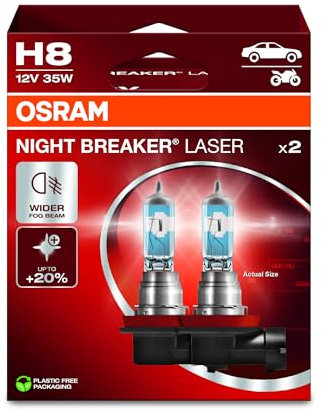 OSRAM NIGHT BREAKER LASER H8, +150% mehr Helligkeit, Halogen-Scheinwerferlampe, 64212NL-2HB, 12V PKW, Hängebox (2 Lampen)