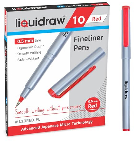 Liquidraw Red Fineliner Pens, Set of 10-0.5mm Fine Tip | Storage Wallet, Ergonomic Design, Fade Resistant Ink, for Artists, Handwriting, Drawing, Calligraphy & Sketching