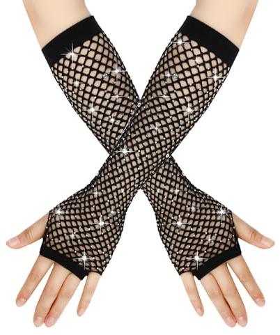 BrightGlow Näthandskar, dam, långa fisknät, fingerlösa handskar, strass, mode, långa nät, handskar, kvällshandskar för 80-talet, kostymfest, tillbehör