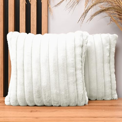 MG Design 2er Set Kissenbezüge 35 x 35 cm in Weiß – mit Reißverschluss, langflorige Fell-Haptik, weich & Cosy, pflegeleicht