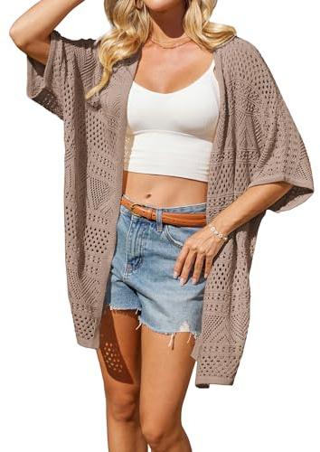 GRACE KARIN Women Casual Batwing Sleeve Crochet Boho Cardigans for Women Summer V Neck Open Front Kimono Cardigans Vacation Sweaters Khaki XL