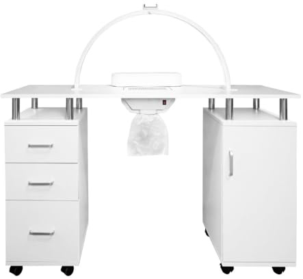 Professionellt Manikyrbord & LED Halvmånelampa 75 cm Nagelsalong Dammuppsamlare Avtagbar Dyna Hjul Utdragbara Lådor 1 Skåp 2 Hyllor 3 Färger Dimbart Temperaturljus Telefonhållare