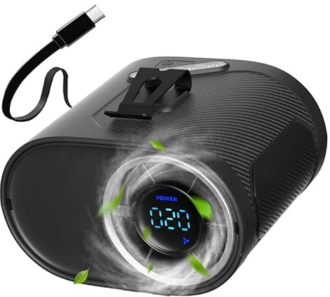2025 New Portable Waist Clip & Personal Belt Fan, Rechargeable Shirt Fan with Light & Retractable Built-in Cable, Adjustable 10600RPM Strong Airflow, 20H Runtime, Hands-Free for Hiker, Worker