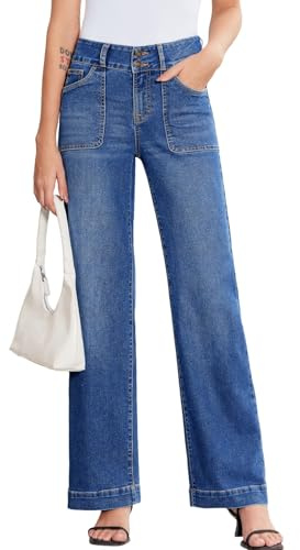 Sidefeel Women's High Waisted Jeans Straight Leg Stretchy Tummy Control Wide Leg Denim Pants Dark Blue Size 14