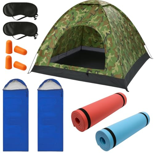 Festivalking 2 Personen Zelt Set Festival mit je 2 Isomatten, Schlafsäcken, Nackenkissen, Schlafmasken, Ohrenstöpsel & 2 Mann Festival Zelt Camping, Iglu Zelt wasserdicht 200x200x135cm