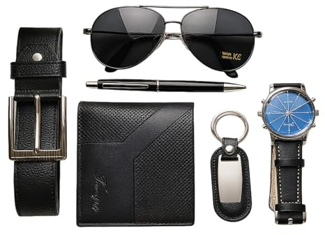 CXLZENGH 6-Piece Luxury Gift Set for Men-Belt, Wallet, Watch, Pen, Key Chain, and Glasses-Birthday/Christmas for Dad, Husband, or Boyfriend (Classic Black)