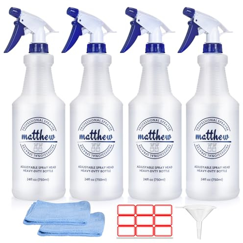 Matthew Cleaning 24 oz Empty Spray Bottles for Cleaning Solutions, All-Purpose HDPE Plastic Spray Bottle for Plants, Detailing, Pet, Hair, Adjustable Nozzle and Measurement, 4 Pack