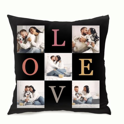 Muewent Housse de coussin avec photo personnalisée avec cinq images Ajouter du texte Cadeau parfait pour la famille ou les couples
