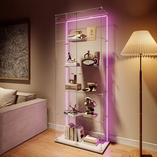 Glasvitrine Standvitrine Weiße mit LED Beleuchtung & Rollen- 5-stöckige 186.5 * 34.5 * 78.5cm rahmenlose Vollsicht Vitrine,höhenverstellbare Glasböden - Vitrinenschrank für Wohnzimmer, Büro,Buch