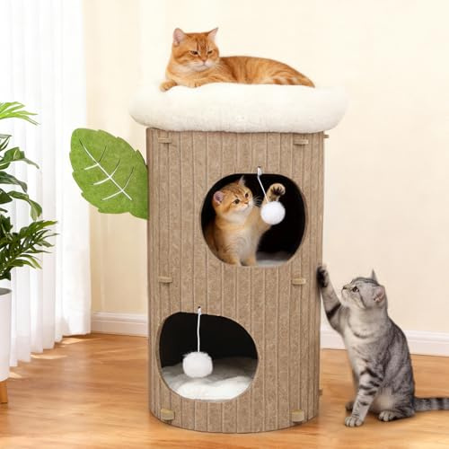 Arbre à Chat - Griffoir de Luxe avec Maison de Couchage pour Chat, Planche en sisal, lit Amovible et Balle de Jeu, Meuble Stable pour Les foyers de Plusieurs Chats (Beige, Tonneau à gratter)