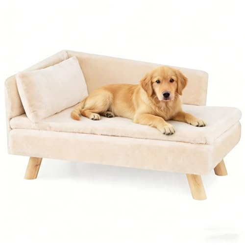 GYMAX Cama para Perros de Interior, Sofá para Mascotas con Patas de Madera de Pino Elevadas, Respaldo Alto, Cojines Desmontables, Cama Acolchada para Gatos Animales de Tamaño Mediano, Pequeño (Blanco)