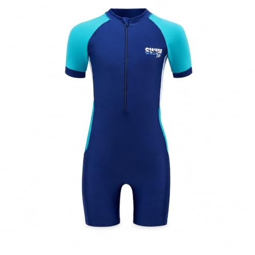 Fjquamitix Boys Swimming Costume Colour Block Short Sleeve One Piece Swimsuit with Front Zipper Quick Dry Kids Wetsuit High Stretch Boys Swimwear (UK, Age, 9 Years, 10 Years, Regular, Navy Blue)