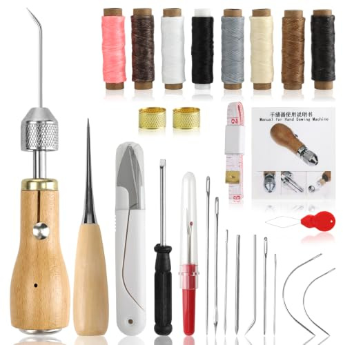 27 stycken lädersyset, läderverktygsset, med syålar, hand med lädernålar | Vaxtråd, nål, mässingsring, spole, gripare, handsymaskin, för reparation, handsömnad, gör-det-själv-läderhantverk