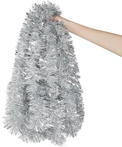 DECORA 33 Feet Silver Tinsel Garland, Christmas Metallic Hanging Tinsel Garland for Xmas Tree Home and Party Decoration