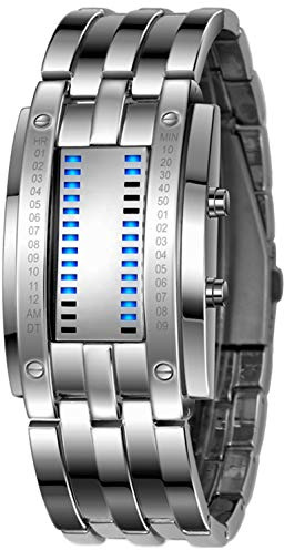 Mens Binary Watches for Men Matrix Dial Cool Watches Outdoor Sport Casual Black Bracelet Square Blue LED Stainless Steel Mens WristWatches