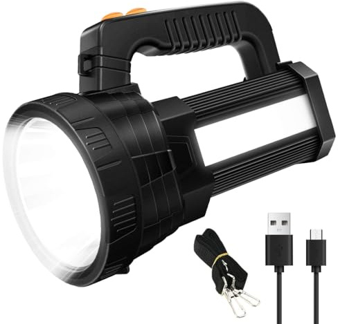 ERAY Rechargeable Torches LED Super Bright, 9600mAh Portable Searchlight 10000 Lumen Hand Torch Light with USB Cable/Shoulder Strap, Flashlight Spotlight Long Range for Outdoor Camping Hiking