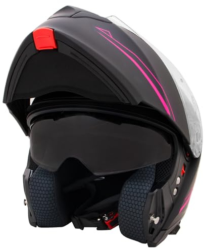 Zorax ZOR-838 Double Visor Flip up Helmet - Matt Black/Pink XL (61-62cm) | Modular Front Helmet Motorcycle Motorbike ECE 2206 Approved